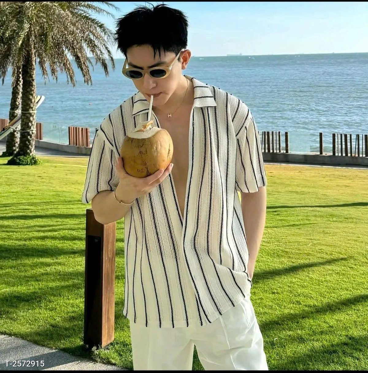 Áo Sơ Mi Nam Ngắn Tay Vải Len Móc Lỗ Mỏng Họa Tiết Kẻ Sọc Màu Trắng
